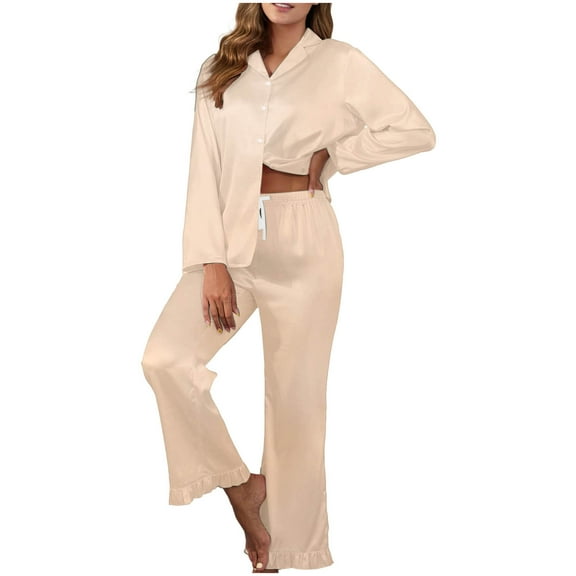 cocolona Silk Pajamas for Women Set Long Sleeve Shirts and Ruffle Pants 2 Piece Sets Spring Fall Lounge Sets Two Piece Outfits Sleepwear