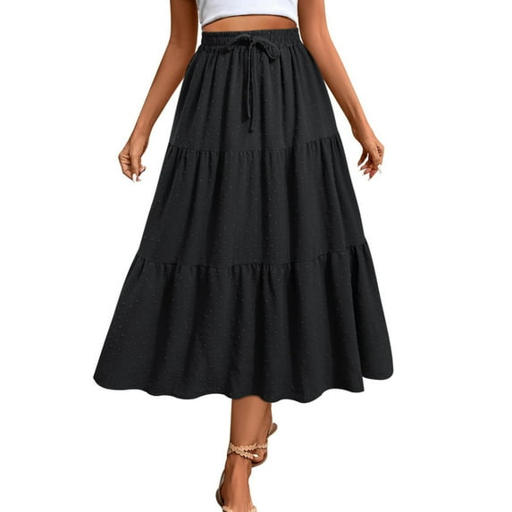 cocolona Skirts for Women Casual Summer Elastic Waist Drawstring Flowy Long Skirts Fashion Solid Color Beach Vacation A Line Maxi Skirts Black M