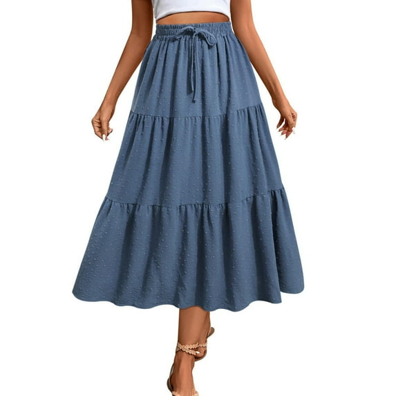 cocolona Skirts for Women Casual Summer Elastic Waist Drawstring Flowy Long Skirts Fashion Solid Color Beach Vacation A Line Maxi Skirts Blue XXL