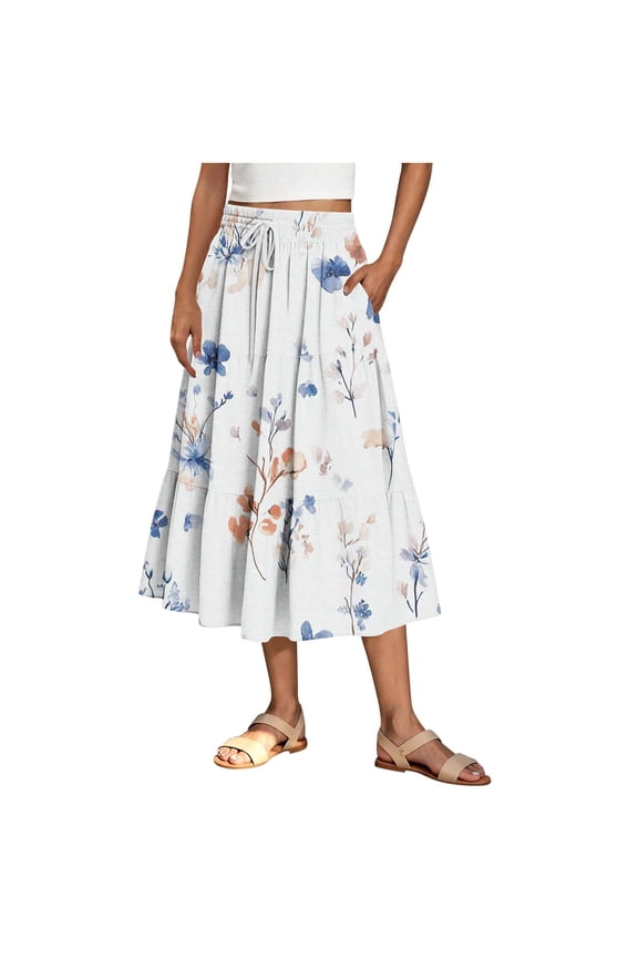 Skirts for Women Casual Summer Floral Print Flowy Midi Skirts Elastic Waist A Line Beach Vacation Boho Skirts with Pockets White L