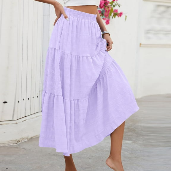cocolona Skirts for Women Fashion Casual Solid High Waist Flowy Long Skirts Summer Beach Vacation A Line Maxi Skirts Purple L