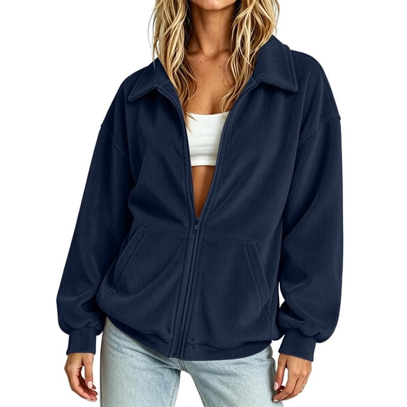 cocolona Solid Color Corduroy Jackets for Women Long Sleeve Collared Oversized Outwear Zipper Loose Casual Fall Tops