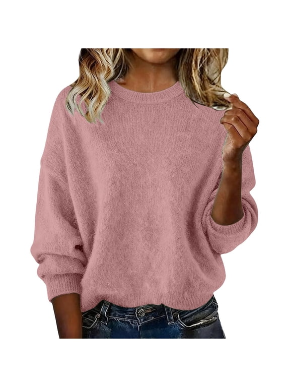 Solid Color Cropped Sweater for Women Crew Neck Long Sleeve Pullover Fall Winter Knitted Sweaters