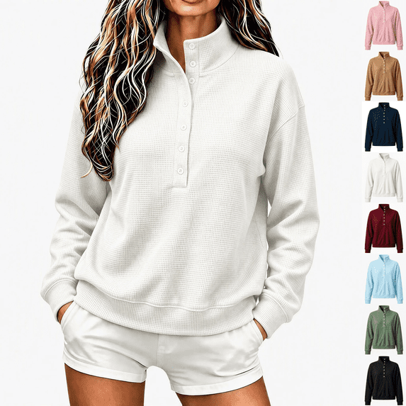 cocolona Stand Collar Sweatshirts for Women Button Down Long Sleeve Pullover Sweatshirts Loose Casual Solid Color Fall Tops