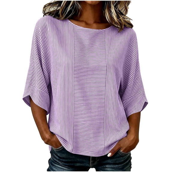 cocolona Striped Button Pullover Tops for Women 3/4 Sleeve Crew Neck Shirts Loose Casual Blouses