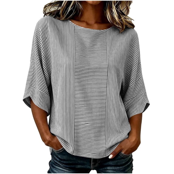 cocolona Striped Button Pullover Tops for Women 3/4 Sleeve Crew Neck Shirts Loose Casual Blouses