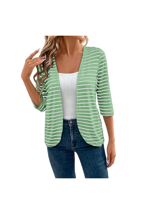 Striped Lightweight Cardigans for Women Open Front 3/4 Sleeve Cropped Casual Tops