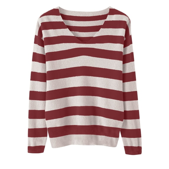 cocolona Striped Pullover Sweater V Neck Long Sleeve Lightweight Loose Casual Fall Knitted Outer