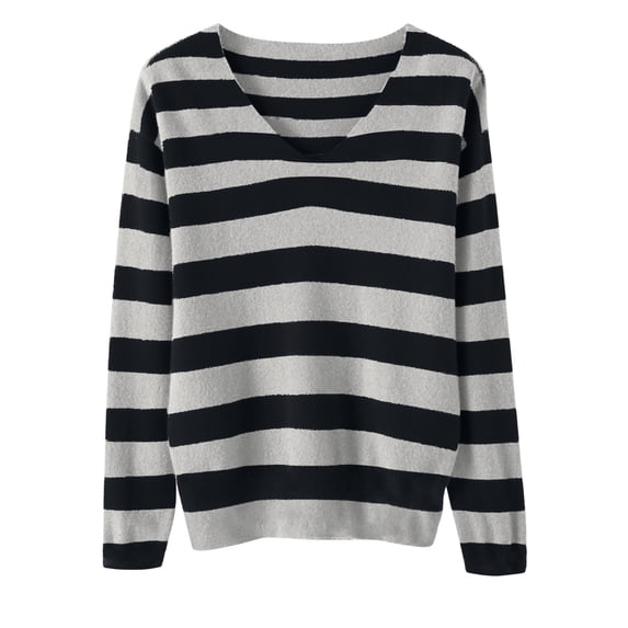 cocolona Striped Pullover Sweater V Neck Long Sleeve Lightweight Loose Casual Fall Knitted Outer