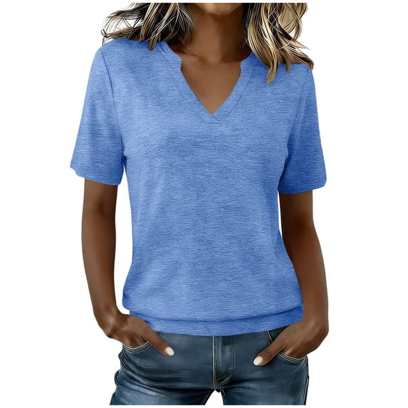 cocolona Summer Basic Tops for Women V Neck Short Sleeve Cinched Hem Shirts Dressy Casual Solid Color Blouses