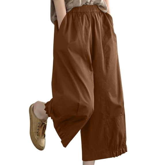 cocolona Summer Casual Capri Pants for Women Wide Leg Elastic Wasit Cropped Pants Solid Color Loose Lounge Trousers