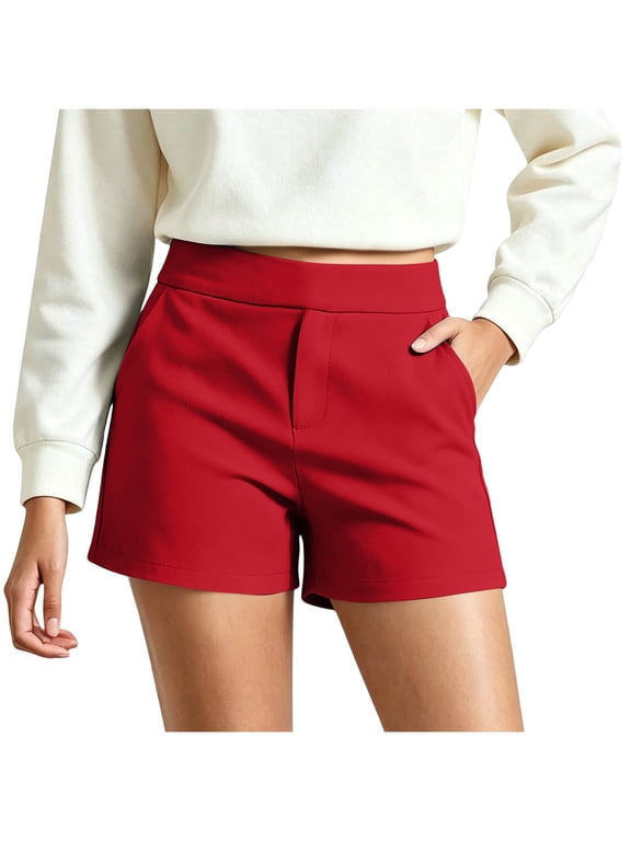 Summer Casual High Waist Dress Shorts for Women Elastic Waist Straight Wide Leg Business Work Shorts with Pockets