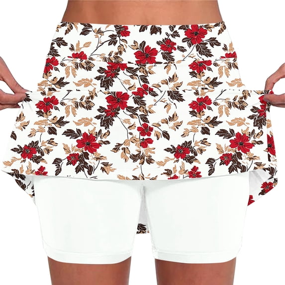cocolona Summer Casual High Waist Printed Biker Shorts Elastic for Women,Waist Stretch Yoga Beach Skorts with Pocket