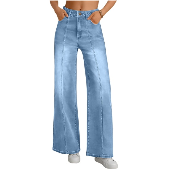 cocolona Summer Casual Jeans for Women Button Zipper Waist Straight Wide Leg Denim Pants with Pocket