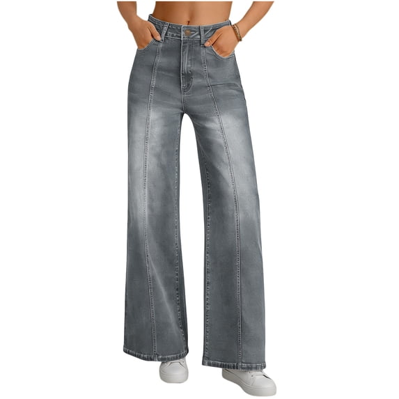cocolona Summer Casual Jeans for Women Button Zipper Waist Straight Wide Leg Denim Pants with Pocket
