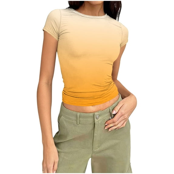 cocolona Summer Crop Tops for Women Short Sleeve Crew Neck Slim T-shirts Fashion Casual Gradient Color Blouses Basic Tees