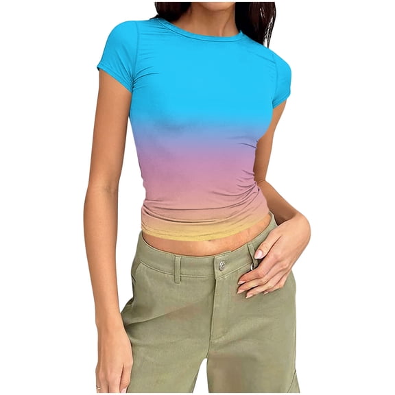 cocolona Summer Crop Tops for Women Short Sleeve Crew Neck Slim T-shirts Fashion Casual Gradient Color Blouses Basic Tees