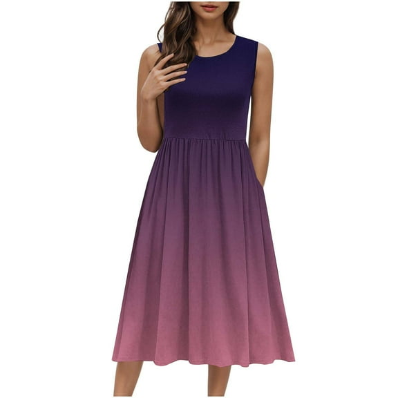 cocolona Summer Dress for Women 2025, Crew Neck Sleeveless Ruffle Smocked Sundress Casual Gradient Print Long Dress Beach A Line Dress