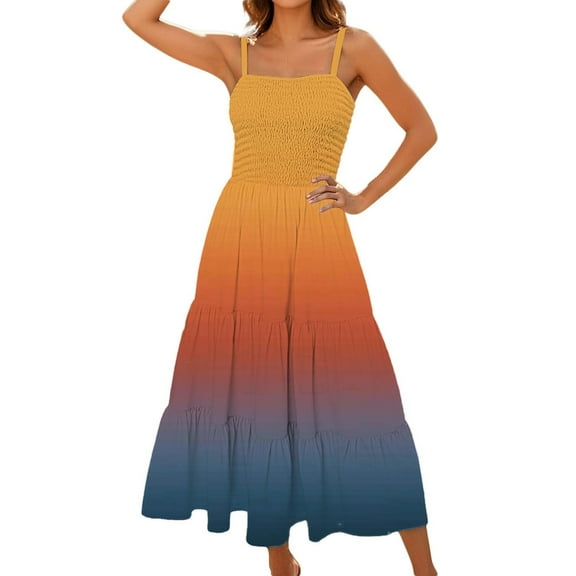 cocolona Summer Dresses for Women 2025 Sleeveless Spaghetti Strap Pleated Flowy Long Dress Beach Vacation Gradient Print Sundress Orange S