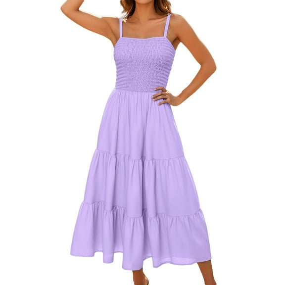 cocolona Summer Dresses for Women 2025 Sleeveless Spaghetti Strap Pleated Flowy Long Dress Beach Vacation Solid Color Sundress Purple S