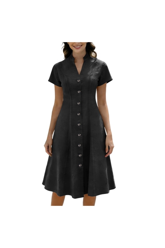 Summer Dresses for Women Button V Neck Short Sleeve Midi Dress Ruffle Flowy Sun Dress