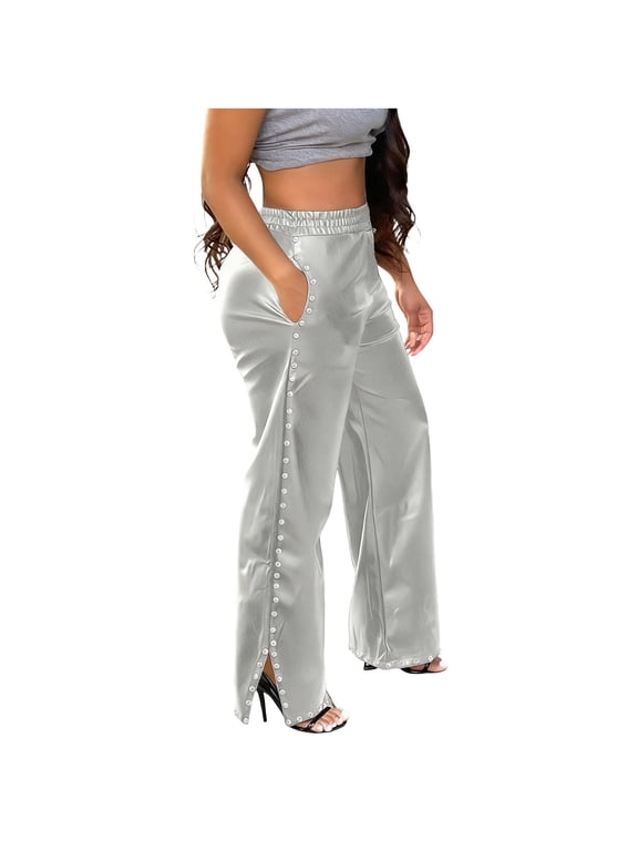 Summer Fashion Casual Rivets Leather Pants for Women PU Elastic Waist Split Wide Leg Trousers with Pocket