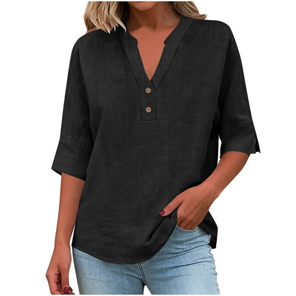cocolona Summer Linen Shirts for Women 3/4 Sleeve V Neck Button Tops Fashion Casual Loose Lightweight Blouses