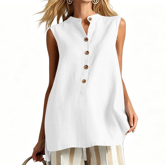 cocolona Summer Linen Tank Tops for Women Sleeveless Crew Neck Button Shirts Dressy Casual Solid Color Tunic Blouses