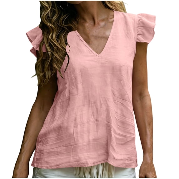 cocolona Summer Linen Tops for Women V Neck Ruffle Short Sleeve Shirts Dressy Casual Loose Flowy Blouses
