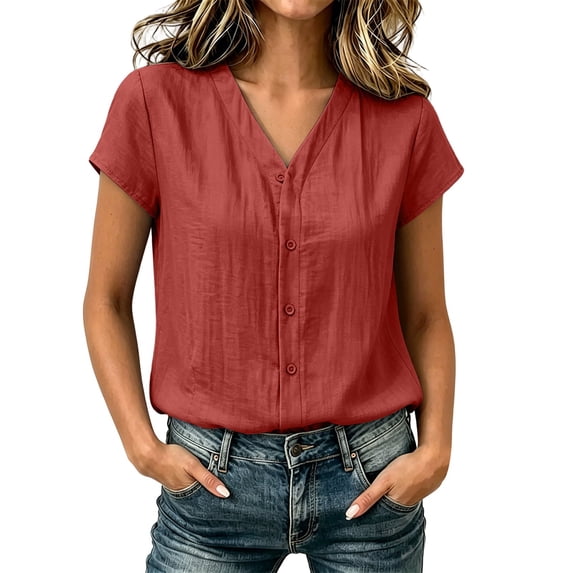cocolona Summer Linen Tops for Women V Neck Short Sleeve Button Shirts Dressy Casual Loose Blouses