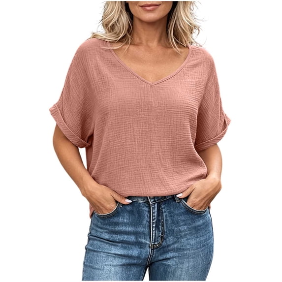 cocolona Summer Linen Tops for Women V Neck Short Sleeve Shirts Basic Casual Daily Blouses Tee