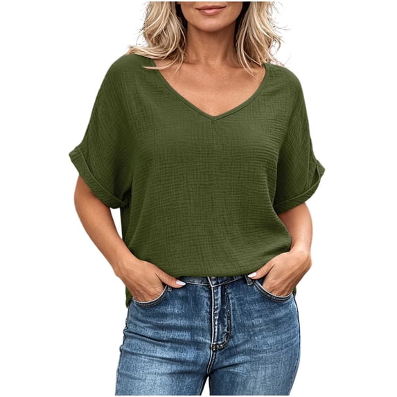cocolona Summer Linen Tops for Women V Neck Short Sleeve Shirts Basic Casual Daily Blouses Tee