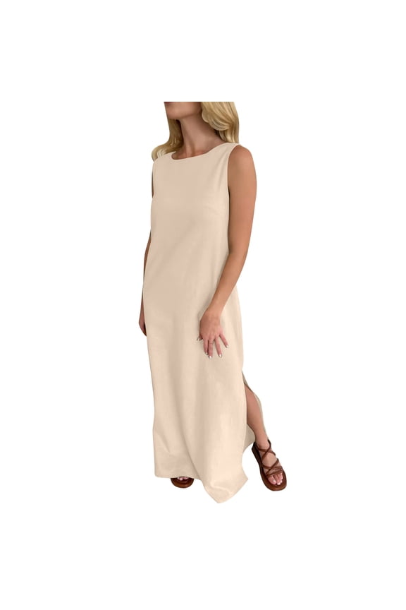 Summer Maxi Dress for Women 2026 Sleeveless Crew Neck Slit Linen Long Dress Casual Solid Color Vacation Beach Sun Dress