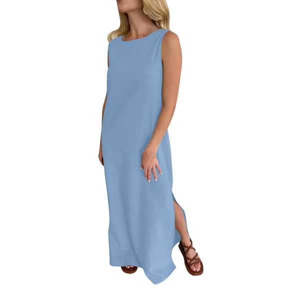cocolona Summer Maxi Dress for Women 2026 Sleeveless Crew Neck Slit Linen Long Dress Casual Solid Color Vacation Beach Sun Dress