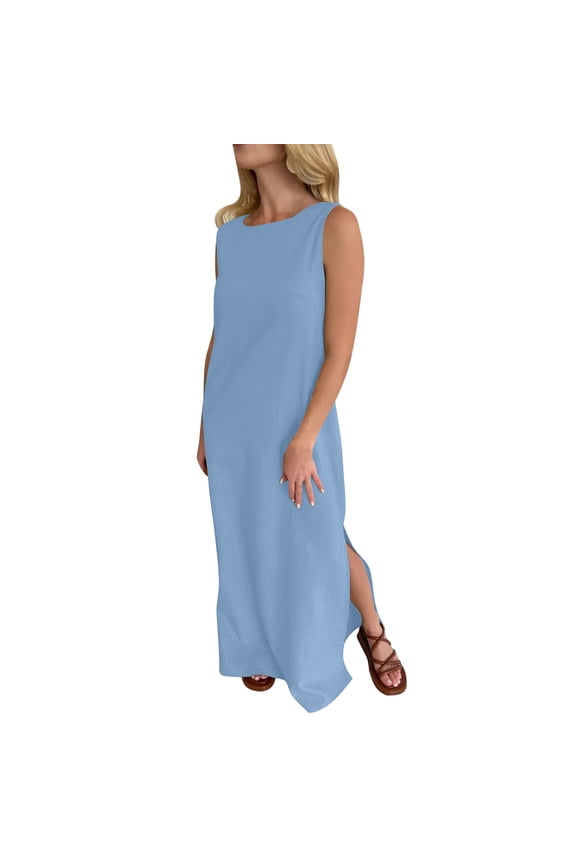 Summer Maxi Dress for Women 2026 Sleeveless Crew Neck Slit Linen Long Dress Casual Solid Color Vacation Beach Sun Dress