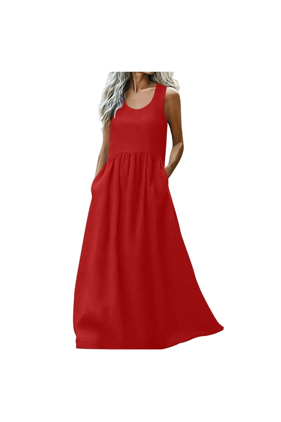Summer Maxi Dress for Women Sleeveless Crew Neck Pleated Flowy Long Dress Casual Loose Vacation Beach Sundress with Pocket