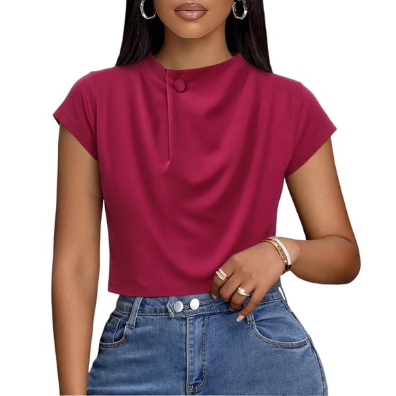 cocolona Summer Mock Neck Tops for Women Short Sleeve Crop Button Shirts Dressy Casual Outfits Blouses