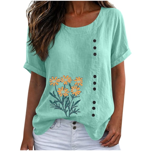 cocolona Summer Printed T-shirts for Women Crew Neck Short Sleeve Button Pullover Tops Dressy Casual Blouses Base Tees