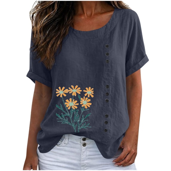 cocolona Summer Printed T-shirts for Women Crew Neck Short Sleeve Button Pullover Tops Dressy Casual Blouses Base Tees