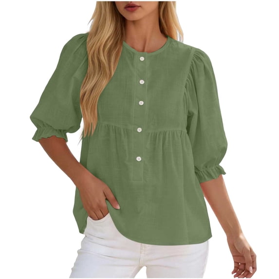 cocolona Summer Puff Sleeve Tops for Women Crew Neck Button Pleated Shirts Dressy Casual Loose Blouses