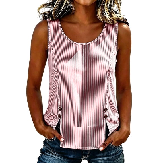 cocolona Summer Striped Tank Tops for Women Crew Neck Sleeveless Split Hem Button Shirts Trendy Casual Solid Color Blouses