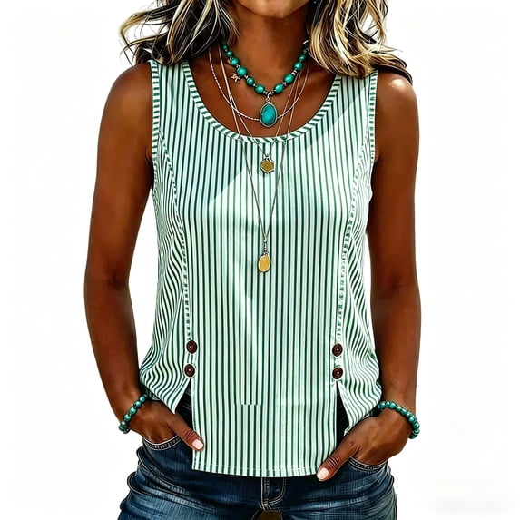 cocolona Summer Striped Tank Tops for Women Crew Neck Sleeveless Split Hem Button Shirts Trendy Casual Solid Color Blouses