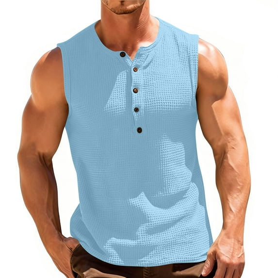 cocolona Summer Tank Tops for Men Fashion Solid Color Button Down Crew Neck Sleeveless Shirts Casual Blouses