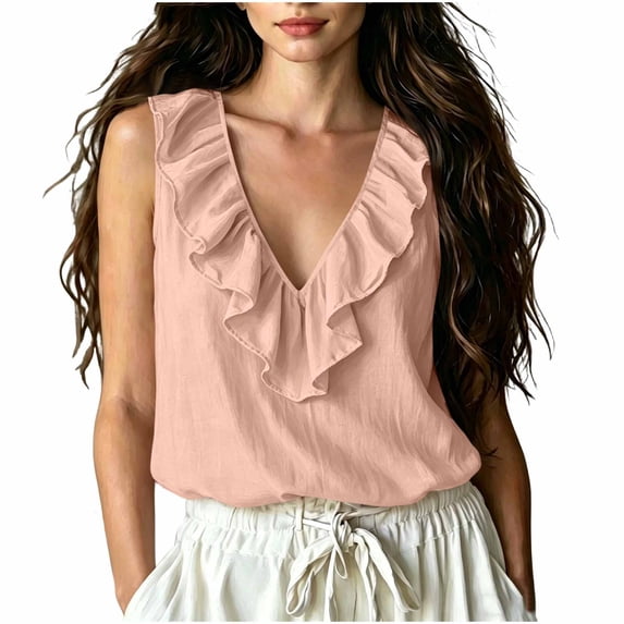 cocolona Summer Tank Tops for Women Ruffle V Neck Sleeveless Shirts Trendy Casual Solid Color Blouses