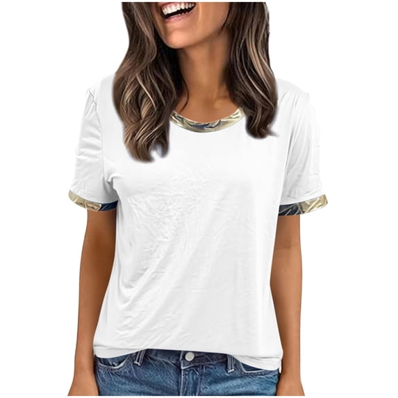 cocolona Summer Tops for Women Crew Neck Short Sleeve Patchwork T-Shirts Base Tees Casual Trendy Blouses