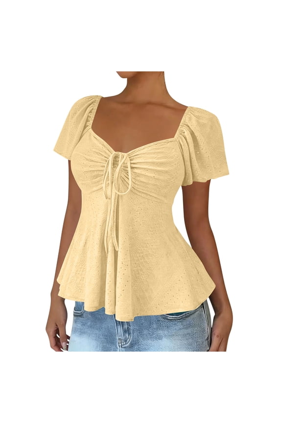 Summer Tops for Women Drawstring V Neck Short Sleeve Flowy T-shirts Fashion Casual Solid Color Blouses