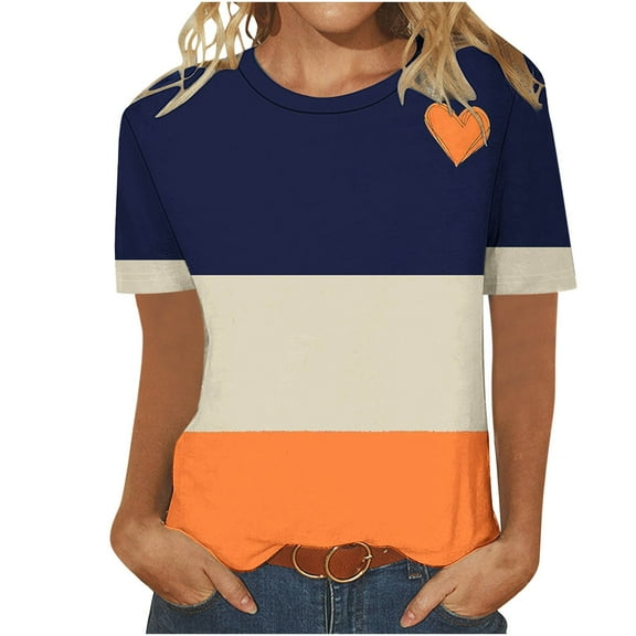 cocolona Summer Tops for Women Fashion Casual Color Block T-shirts Crew Neck Short Sleeve Shirts Basic Tees