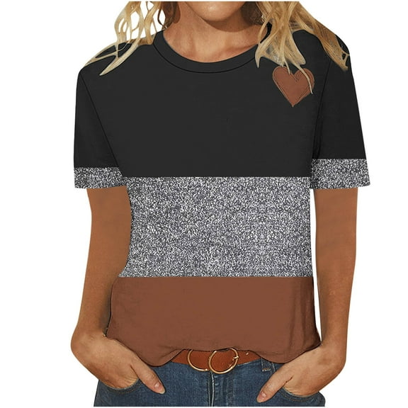cocolona Summer Tops for Women Fashion Casual Color Block T-shirts Crew Neck Short Sleeve Shirts Basic Tees