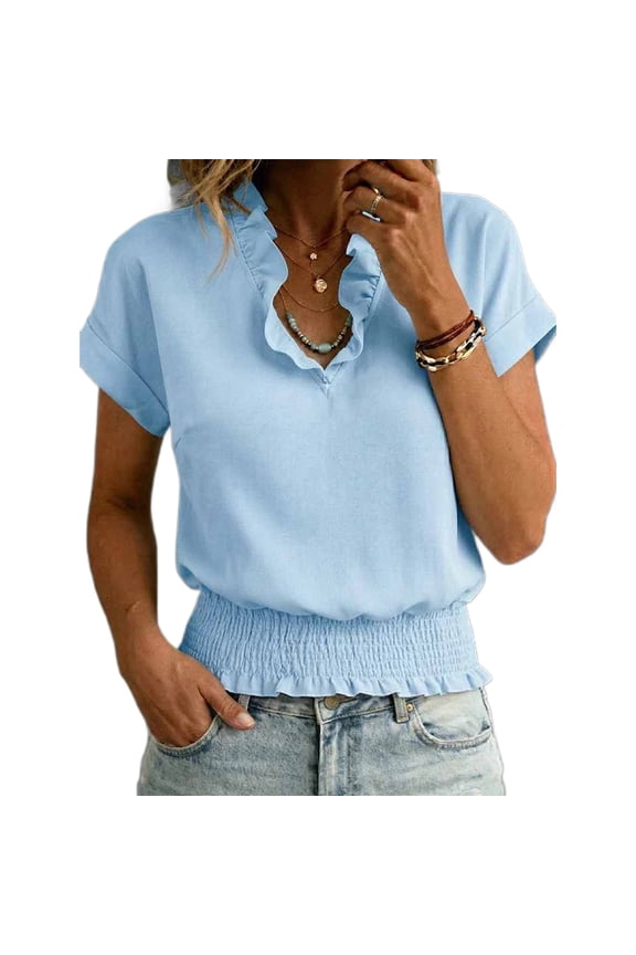 Summer Tops for Women Ruffle V Neck Short Sleeve Cinched Hem Shirts Dressy Casual Solid Color Blouses