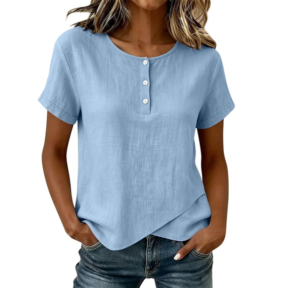 cocolona Summer Tops for Women Short Sleeve Crew Neck Button Asymmetrical Hem Shirts Dressy Casual Solid Color Blouses